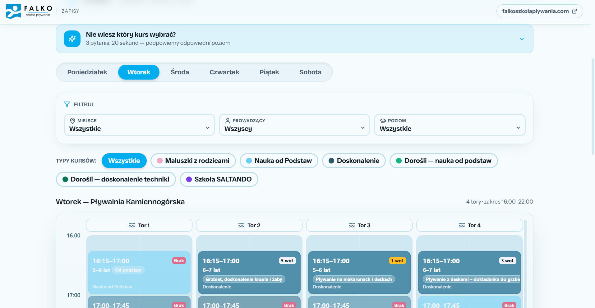 Falko Szkoła Pływania — System zapisowy